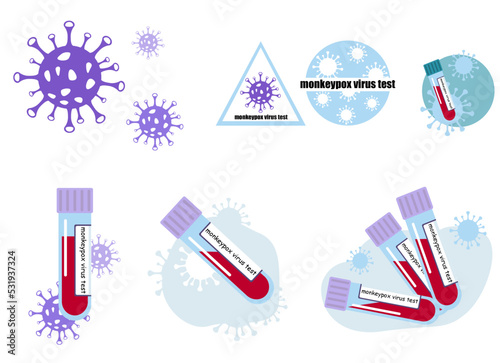 test tube with blood sample for monkeypox test. Pox virus concept. Vector clipart illustration. Monkeypox virus infection bacteria structure. test tube with blood sample for monkeypox test