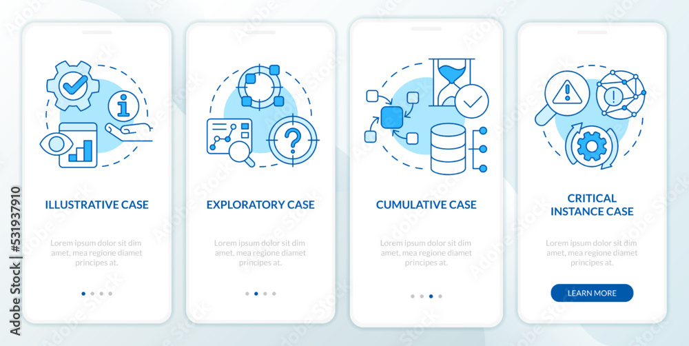 Types of case study blue onboarding mobile app screen. Methods walkthrough 4 steps editable graphic instructions with linear concepts. UI, UX, GUI template. Myriad Pro-Bold, Regular fonts used