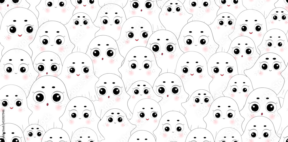Obraz premium Halloween ghosts pattern. Funny ghost print. Halloween characters. Cartoon ghosts, spooky phantoms texture. Halloween flying spirit, boo. Phantom kawaii style background. Repeat seamless backdrop.