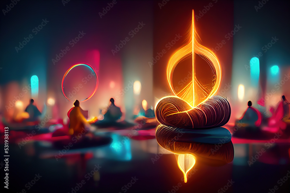 Sound healing therapy and meditation ,uses aspects of music to improve health and well being. Find out which sound therapy instruments can help your meditation and relaxation at home 3D illustration - obrazy, fototapety, plakaty 