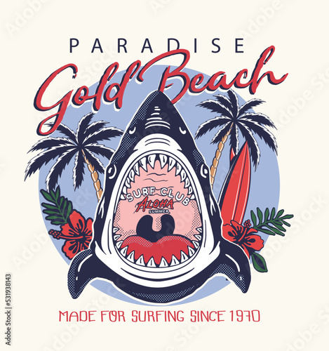 gold beach .paradise.shark illustration.