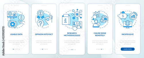 Advantages of case study blue onboarding mobile app screen. Benefits walkthrough 5 steps editable graphic instructions with linear concepts. UI, UX, GUI template. Myriad Pro-Bold, Regular fonts used