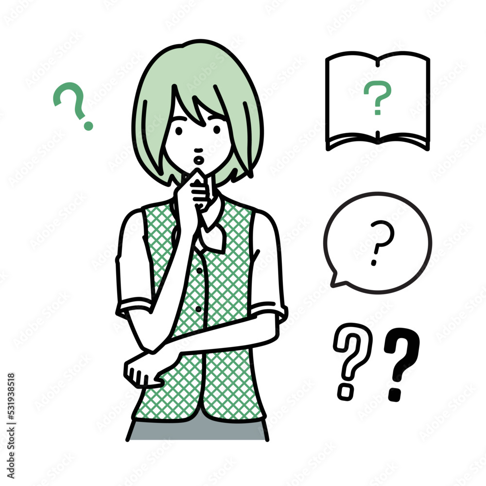 立って手をあごにあてて疑問を感じている事務員制服の女性 クエスチョンマークのセット 立って手をあごにあてて疑問を感じている事務員制服の女性 クエスチョンマークのセット
