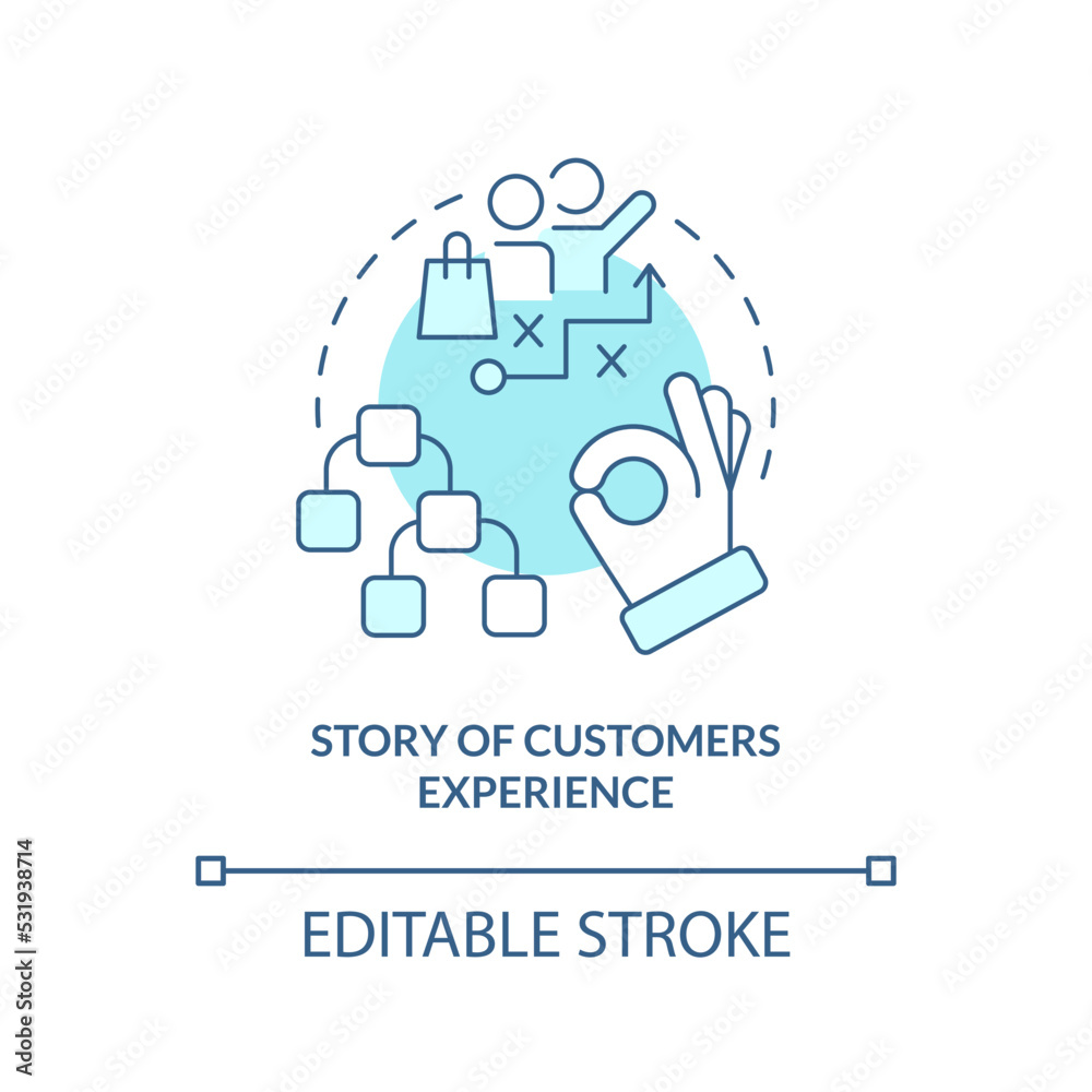 Story of customers experience turquoise concept icon. Element of case study abstract idea thin line illustration. Isolated outline drawing. Editable stroke. Arial, Myriad Pro-Bold fonts used Story of customers experience turquoise concept icon. Element of case study abstract idea thin line illustration. Isolated outline drawing. Editable stroke. Arial, Myriad Pro-Bold fonts used