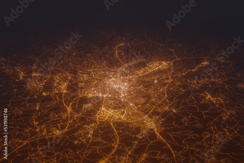 Aerial shot of Luxembourg at night, view from south. Imitation of satellite view on modern city with street lights and glow effect. 3d render