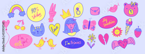 Cool pink girly retro stickers with with a butterfly, a bear, hearts and strawberries. Vector set on an isolated background