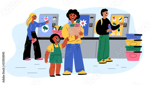 Cafe self ordering service people. Visitors use electronic payment method. Digital purchase terminal. Interactive display for food paying. Clients buying meal. Garish vector concept