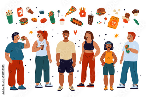 Cartoon fat people. Positive characters with fast food. Male and female eating unhealthy meal. Large plus size bodies. Chubby persons. Sweet drinks and hamburgers. Garish vector set