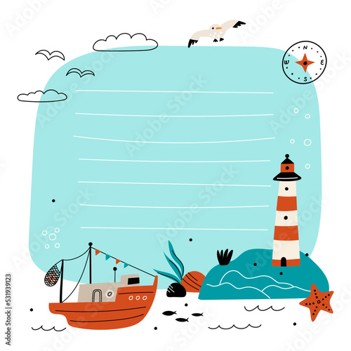 Cartoon sea elements frame illustration. Summertime beach card. Aquatic coastal objects. Seagull and starfish. Lighthouse and marine ship. Fishing boat. Lined page. Garish vector concept