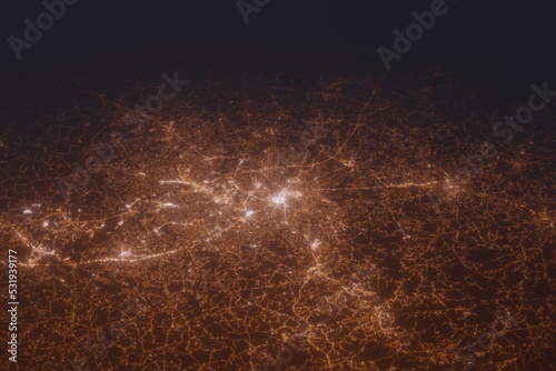 Aerial shot of Greenville (South Carolina, USA) at night, view from north. Imitation of satellite view on modern city with street lights and glow effect. 3d render