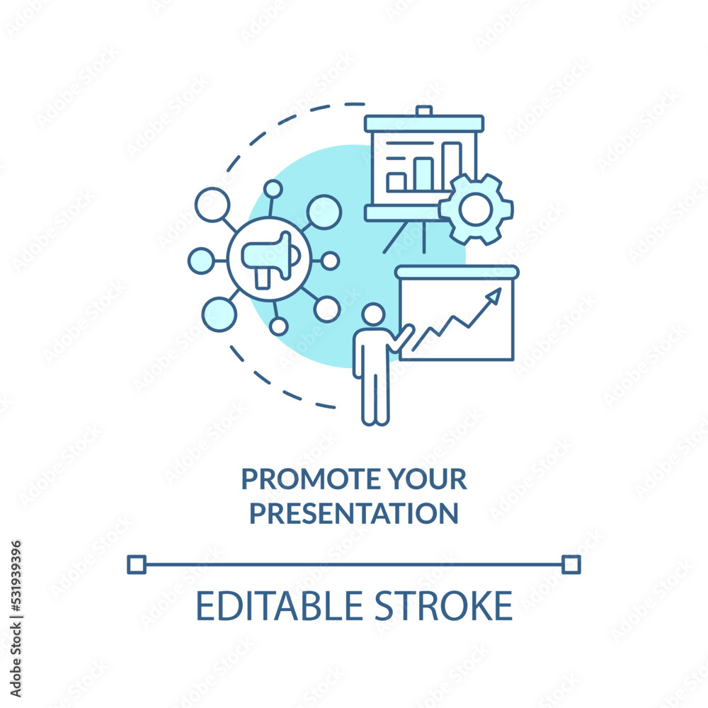 Promote your presentation turquoise concept icon. Information. Marketing case study abstract idea thin line illustration. Isolated outline drawing. Editable stroke. Arial, Myriad Pro-Bold fonts used