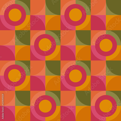 Seamless bright round shaped holiday pattern. Bauhaus orange and pink circles and squares. Wrap gift. Textile and wallpaper