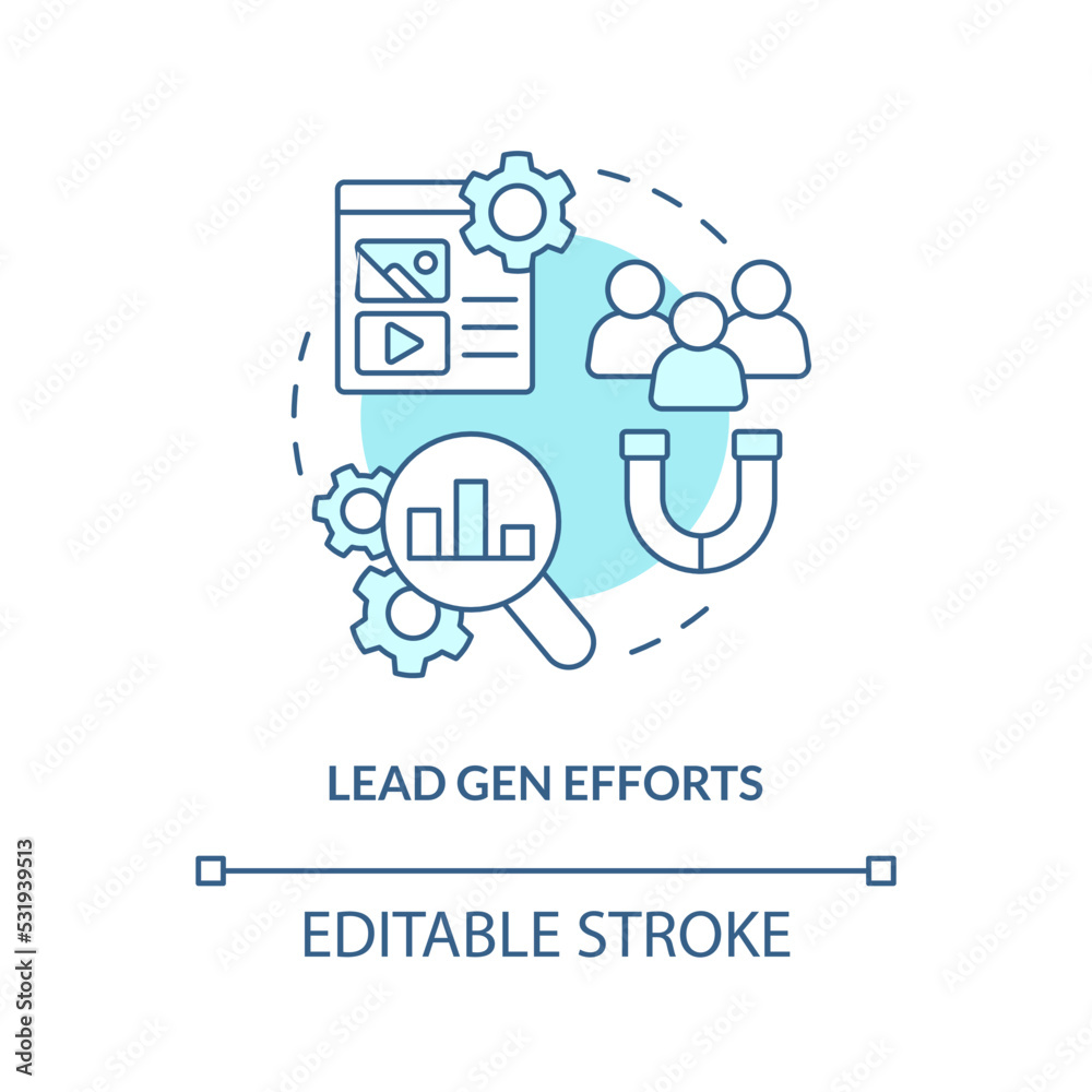 Lead gen efforts turquoise concept icon. Attract audience. Marketing case study abstract idea thin line illustration. Isolated outline drawing. Editable stroke. Arial, Myriad Pro-Bold fonts used