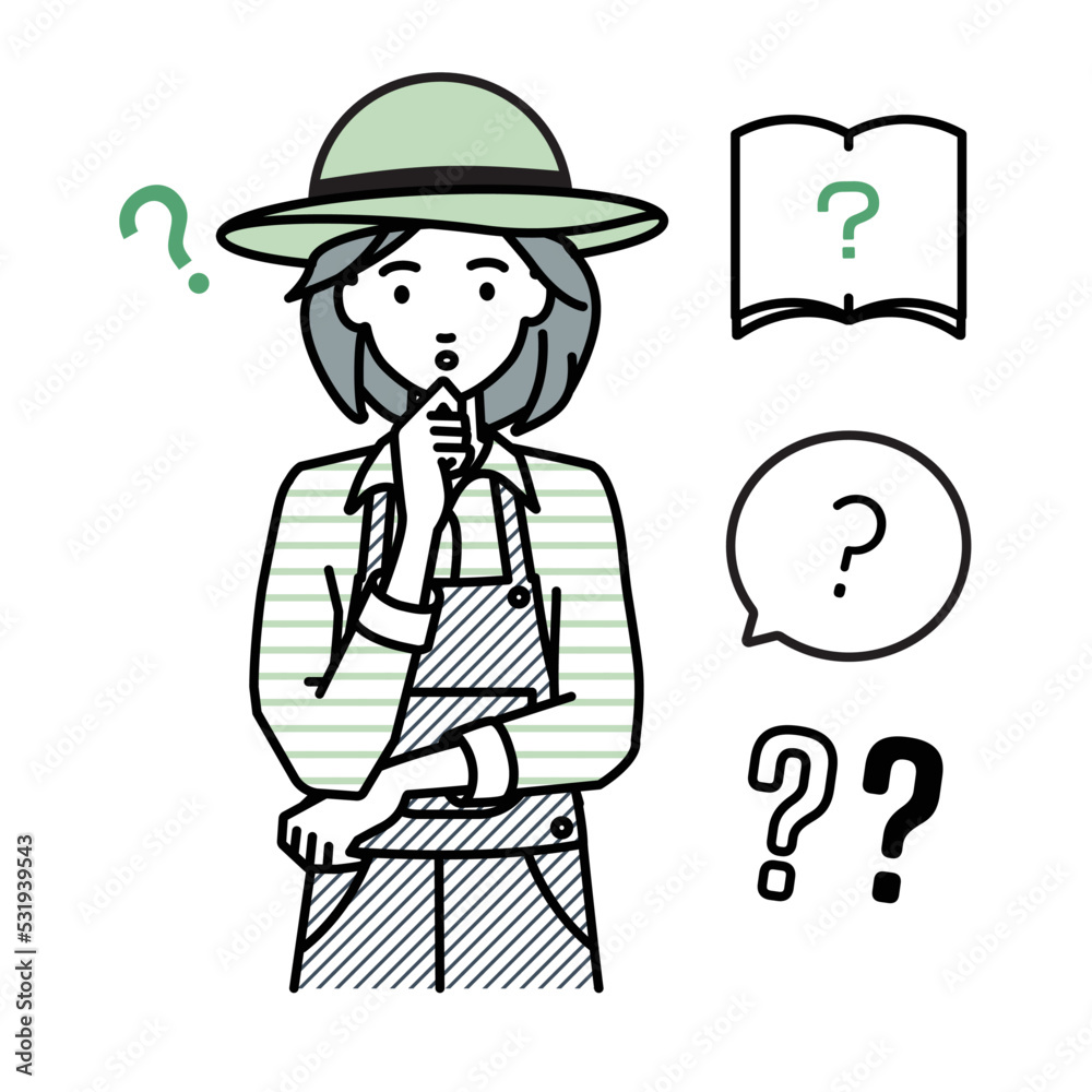 立って手をあごにあてて疑問を感じている農家の女性 クエスチョンマークのセット 立って手をあごにあてて疑問を感じている農家の女性 クエスチョンマークのセット
