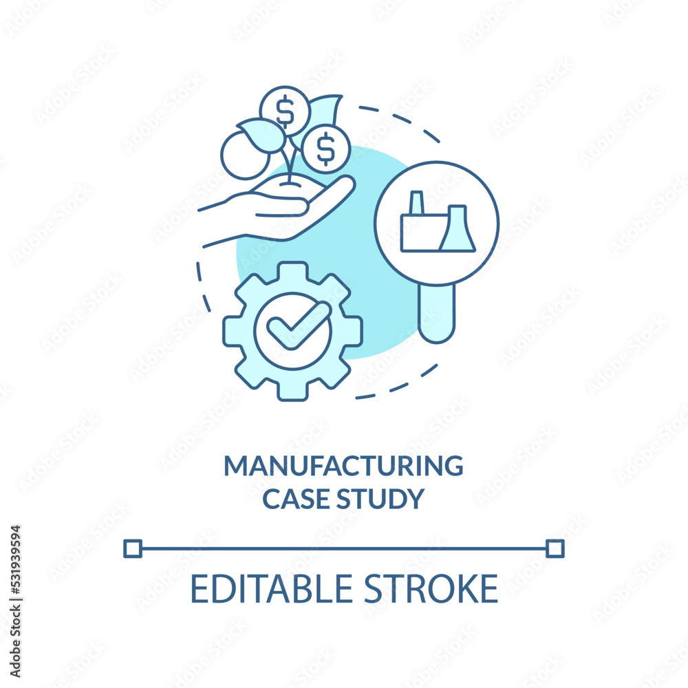 Manufacturing case study turquoise concept icon. Industrial processes analytics abstract idea thin line illustration. Isolated outline drawing. Editable stroke. Arial, Myriad Pro-Bold fonts used Manufacturing case study turquoise concept icon. Industrial processes analytics abstract idea thin line illustration. Isolated outline drawing. Editable stroke. Arial, Myriad Pro-Bold fonts used