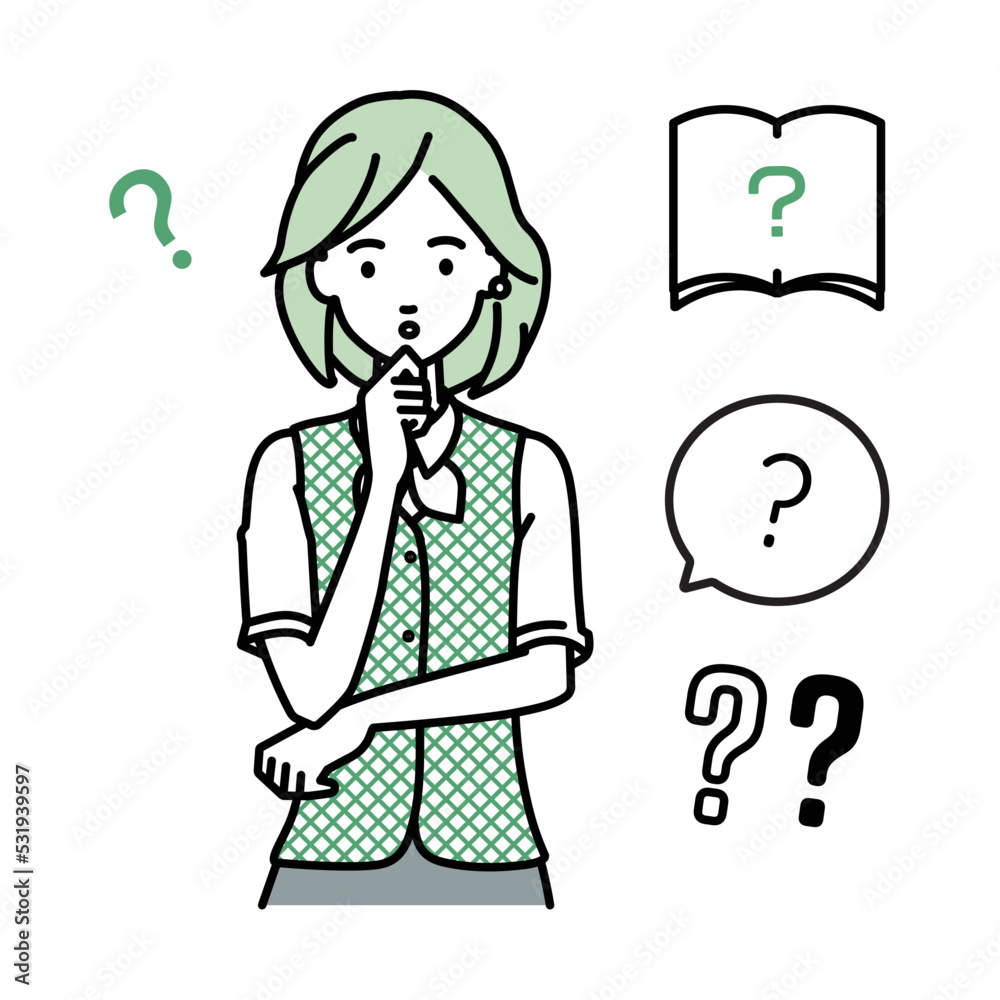 立って手をあごにあてて疑問を感じている事務員制服の女性 クエスチョンマークのセット 立って手をあごにあてて疑問を感じている事務員制服の女性 クエスチョンマークのセット