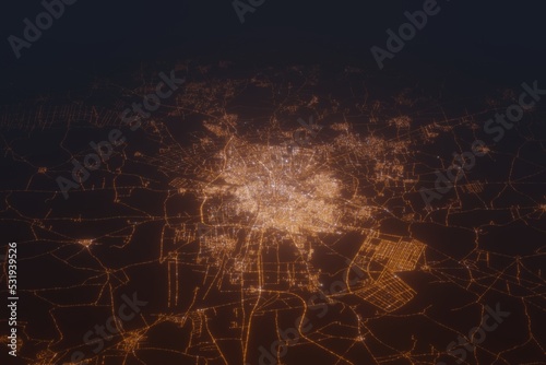 Aerial shot on Aleppo (Syria) at night, view from east. Imitation of satellite view on modern city with street lights and glow effect. 3d render