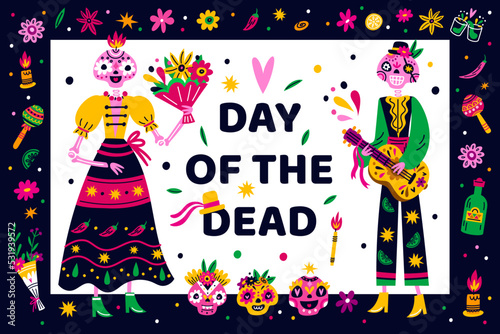 Day of Dead poster. Traditional holiday celebrating. Party invitation. Man and woman skeletons in folk costumes. Muertos carnival. Sugar skulls. Mexican festival. Garish vector concept