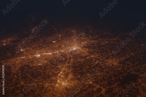 Aerial shot of Knoxville (Tennessee, USA) at night, view from south. Imitation of satellite view on modern city with street lights and glow effect. 3d render