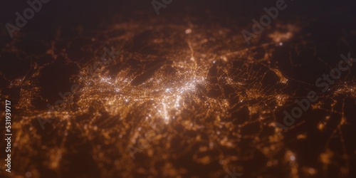 Street lights map of Tbilisi (Georgia) with tilt-shift effect, view from west. Imitation of macro shot with blurred background. 3d render, selective focus