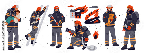 Firefighters situations. Fireman characters extinguish fire in protective uniform. Men with rescue children and animals from burning house. Firefighting equipment. Garish vector set