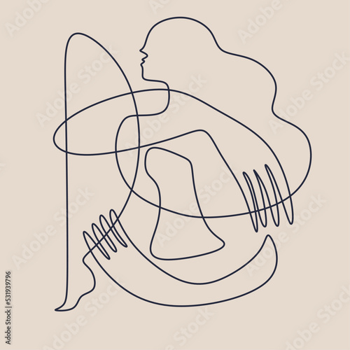 Line art Cubism abstract woman body, line drawing, trendy portrait, fashion cute minimal design. Contemporary monohrome artwork