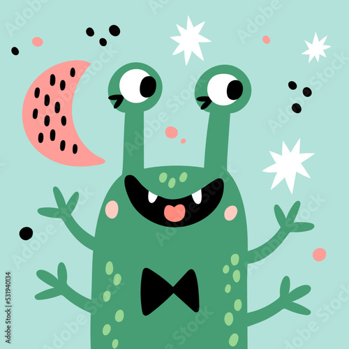 Monster faces card. Childish bizarre creature. Imaginary funny character. Happy mutant with eyes and hands. Fantasy beast. Smiling cheerful alien. Holiday postcard. Vector cartoon poster