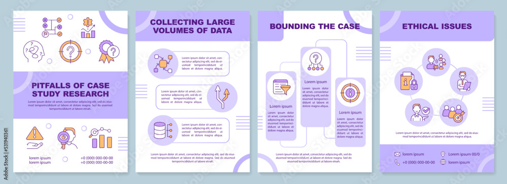 Pitfalls of case study research purple brochure template. Leaflet design with linear icons. Editable 4 vector layouts for presentation, annual reports. Arial-Black, Myriad Pro-Regular fonts used