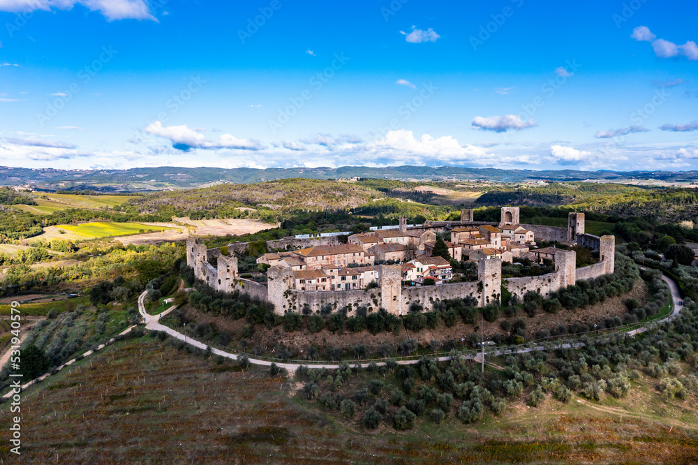 Aerial. view, Italy, Tuscany, Province of Siena, Monteriggioni