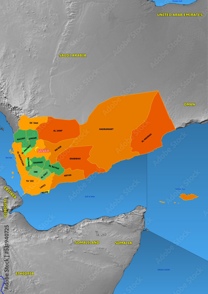 Administrative and political colored vector Map of Yemen with colourful ...