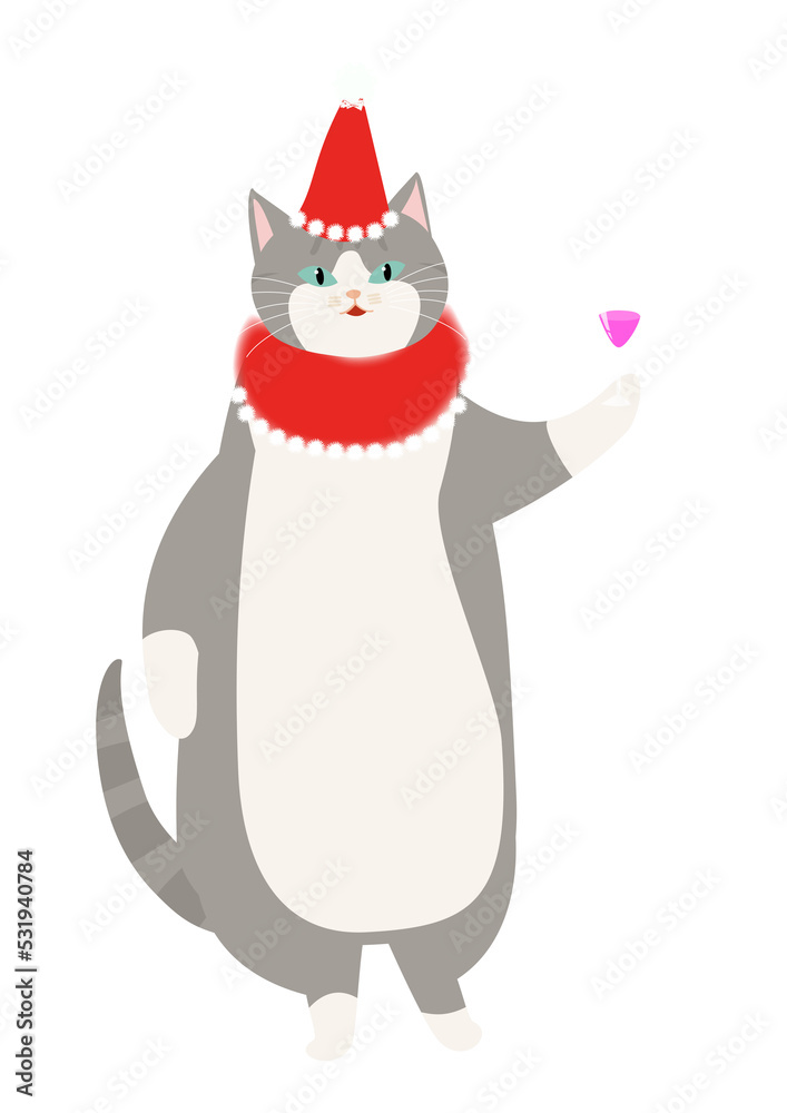 Obraz premium クリスマスパーティで浮かれるグレー猫 背景透明PNG