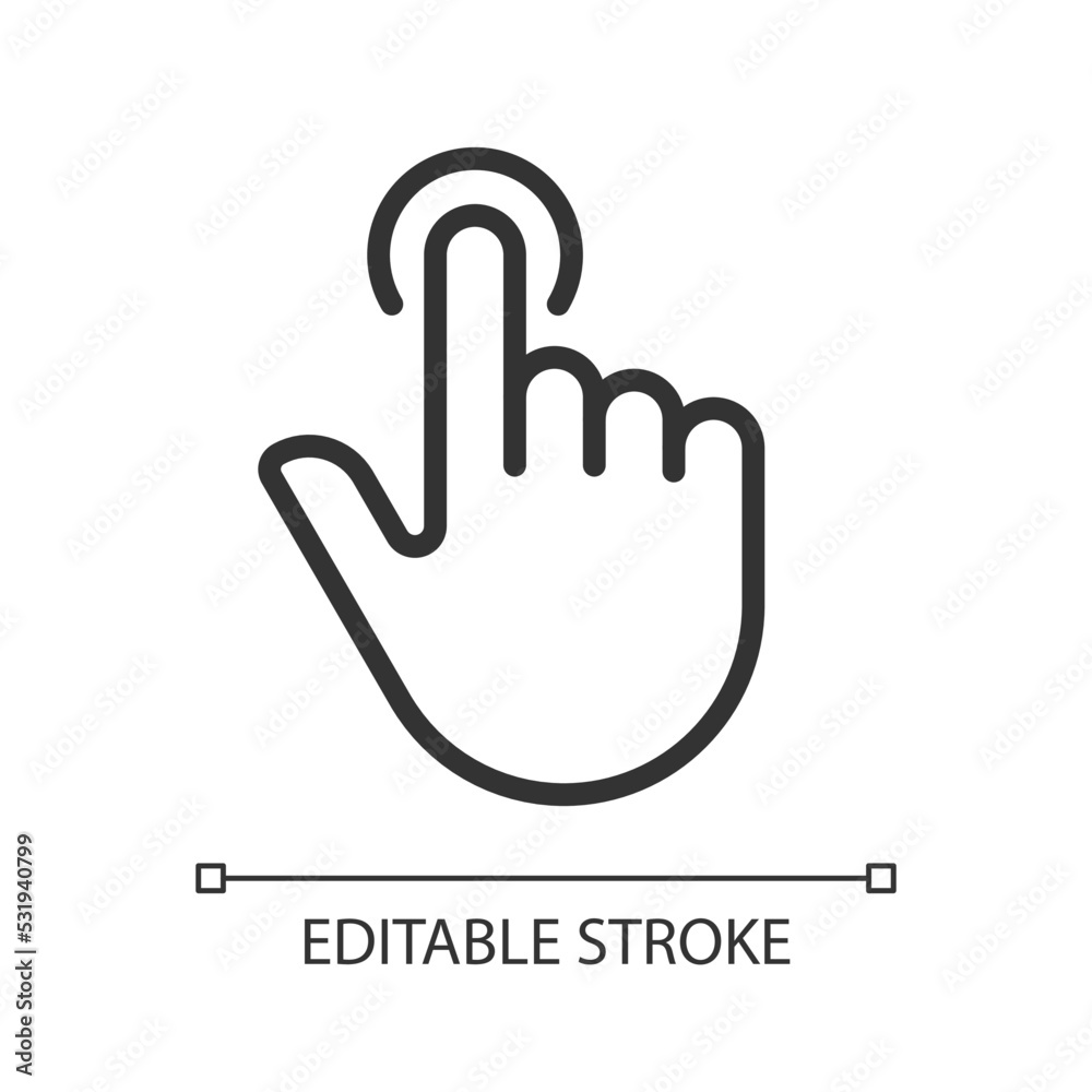 Finger touch pixel perfect linear icon. Touchscreen control gesture. Smartphone visual display. Thin line illustration. Contour symbol. Vector outline drawing. Editable stroke. Arial font used Finger touch pixel perfect linear icon. Touchscreen control gesture. Smartphone visual display. Thin line illustration. Contour symbol. Vector outline drawing. Editable stroke. Arial font used