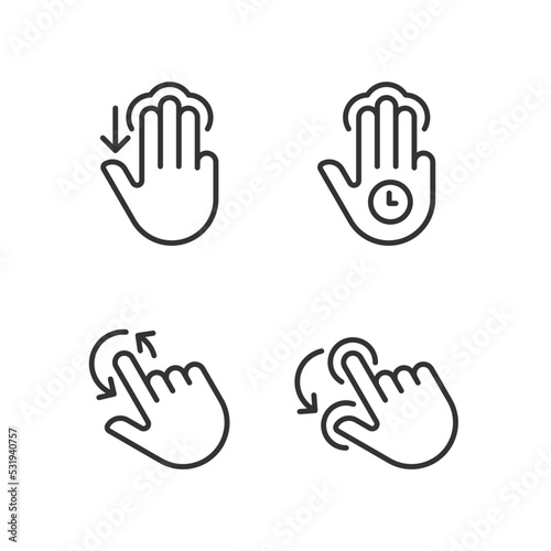 Multi touch control pixel perfect linear icons set. Three finger tap and hold. Rotation function. Touchscreen. Customizable thin line symbols. Isolated vector outline illustrations. Editable stroke