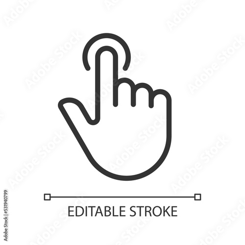 Finger touch pixel perfect linear icon. Touchscreen control gesture. Smartphone visual display. Thin line illustration. Contour symbol. Vector outline drawing. Editable stroke. Arial font used