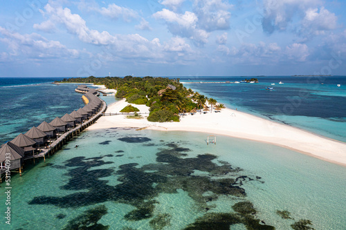 Aerial view, Hurawalhi Island Resort, with beaches and water bungalows, Lhaviyani Atoll, , Maldives, Indian Ocean, Asia, photo