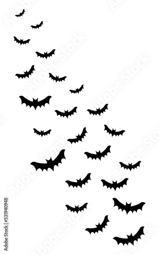 Black flying bats on white background. Halloween dracula Vampire ghost.