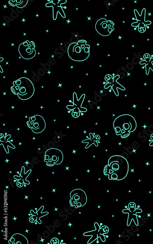Halloween, seamless pattern with voodoo doll, scull. Endless background, decor elements, color fabric, textile, wallpaper.