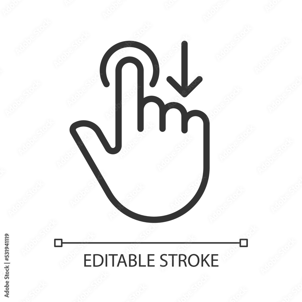 Move downwards pixel perfect linear icon. Swipe down. Touchscreen controlling gesture. Drag and draw. Thin line illustration. Contour symbol. Vector outline drawing. Editable stroke. Arial font used
