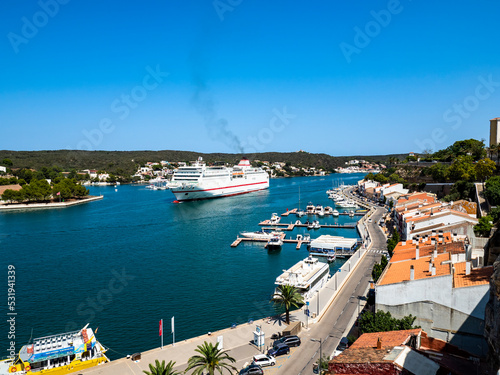 Spain, Mediterranean Sea, Balearic Islands, Menorca, Mahon, Port de Mao, view of the port from Parc Rochina, behind Claustre del Carme, incoming ferry photo