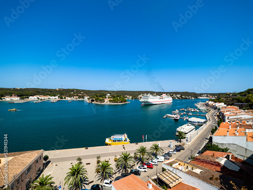Spain, Mediterranean Sea, Balearic Islands, Menorca, Mahon, Port de Mao, view of the port from Parc Rochina, behind Claustre del Carme, incoming ferry