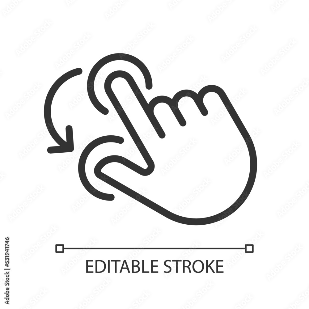Double finger rotation pixel perfect linear icon. Hold and spin with two fingers. Touchscreen control. Thin line illustration. Contour symbol. Vector outline drawing. Editable stroke. Arial font used Double finger rotation pixel perfect linear icon. Hold and spin with two fingers. Touchscreen control. Thin line illustration. Contour symbol. Vector outline drawing. Editable stroke. Arial font used