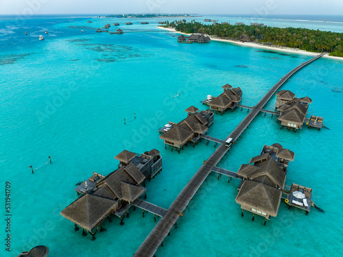 Fototapeta Naklejka Na Ścianę i Meble -  Aerial View, Gili Lankanfushi with Water Bungalows, Indian Ocean, Lankanfushi, North Malé Atoll, Maldives