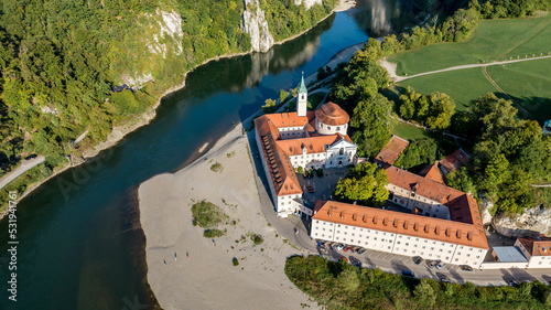 Aerial view of Weltenburg Monastery, Benedictine Abbey, on the Danube, Kelheim, Bavaria, Germany