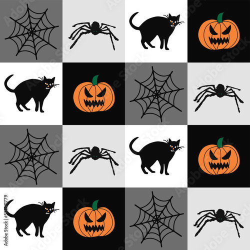 Abstract Hand Drawing Halloween Concept Cats Spiders Pumpkins Seamless Vector Pattern Checkered Background 