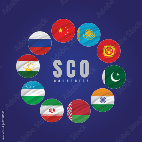 The national flags of TEN countries  in the round circle which are full member states of the Shanghai Cooperation Organization (SCO) international alliance, Two new members is here Iran and Belarus 