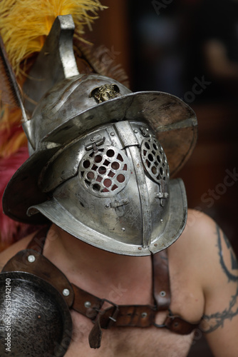 Ancient Roman gladiator during a historic reenactment event. photo