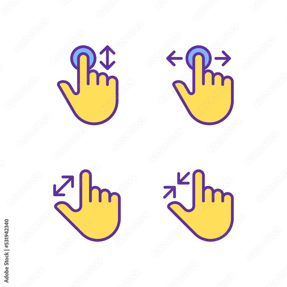 Fototapeta premium Scrolling and zooming gestures pixel perfect yellow RGB color icons set. Touchscreen. Device navigation. Isolated vector illustrations. Simple filled line drawings collection. Editable stroke