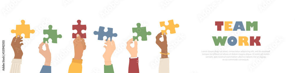 Teamwork. Multi-ethnic group holding puzzles. The concept of cooperation and partnership. Flat style. Vector illustration Teamwork. Multi-ethnic group holding puzzles. The concept of cooperation and partnership. Flat style. Vector illustration
