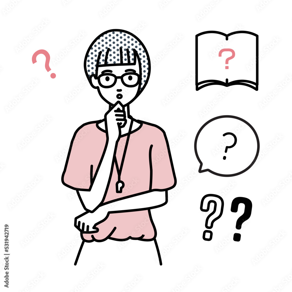 立って手をあごにあてて疑問を感じている教師の女性 クエスチョンマークのセット 立って手をあごにあてて疑問を感じている教師の女性 クエスチョンマークのセット