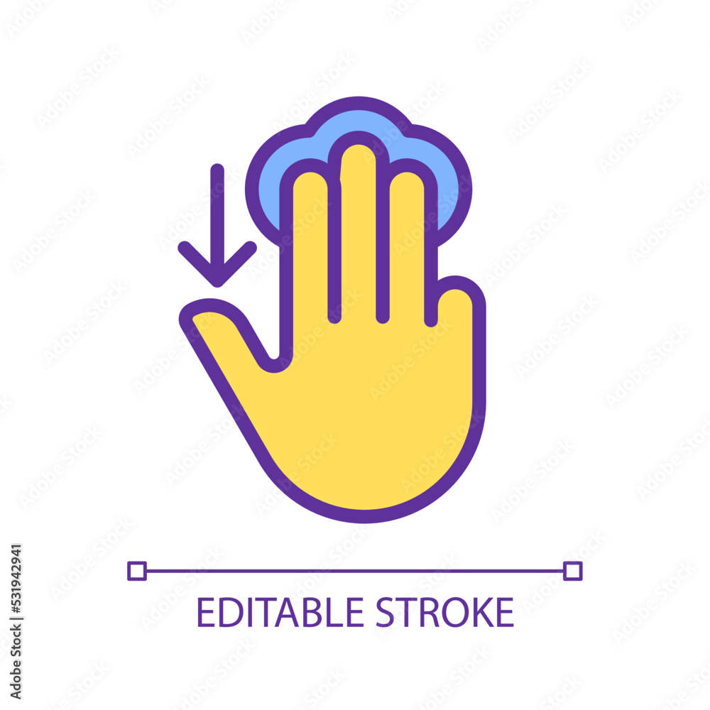Obraz premium Three finger touch downwards pixel perfect yellow RGB color icon. Swipe down. Electronic device control. Touchscreen. Silhouette symbol on white space. Solid pictogram. Vector isolated illustration